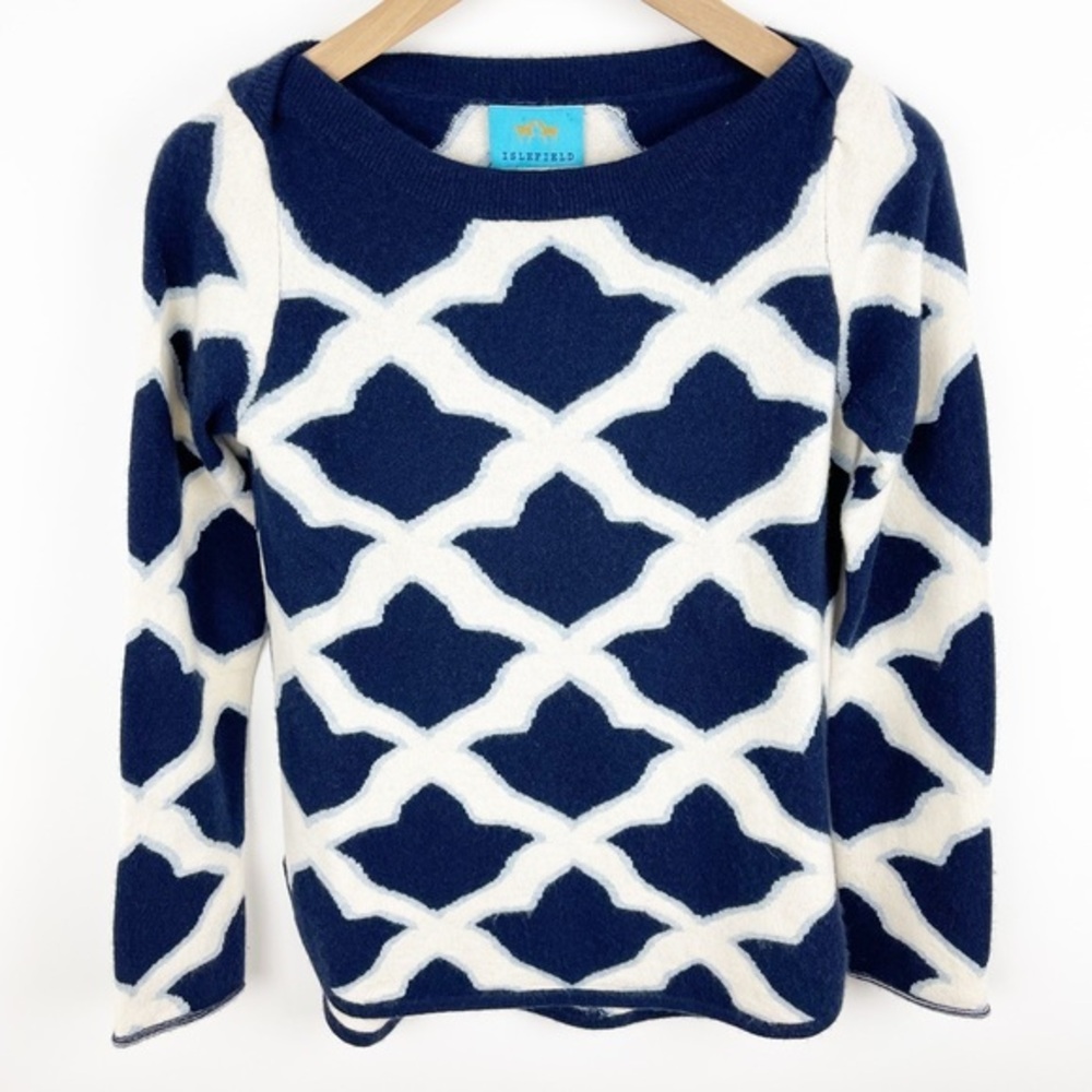 Islefield Fleur De Isle Cashmere Boatneck Sweater Navy White Size Small